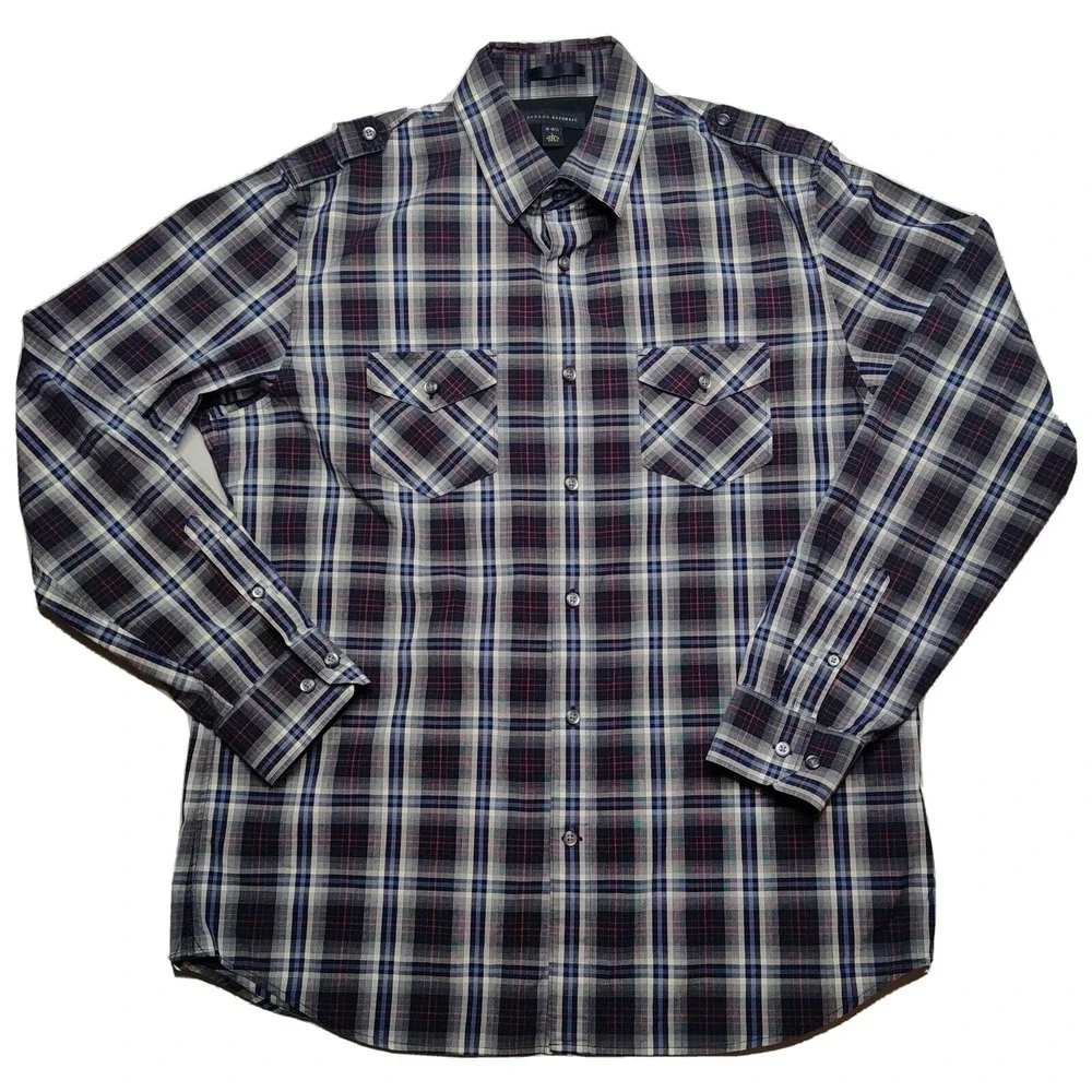 Banana Republic Men Large 16-16.5 Blue Gray Plaid Cotton Blend Button‎ Shirt
